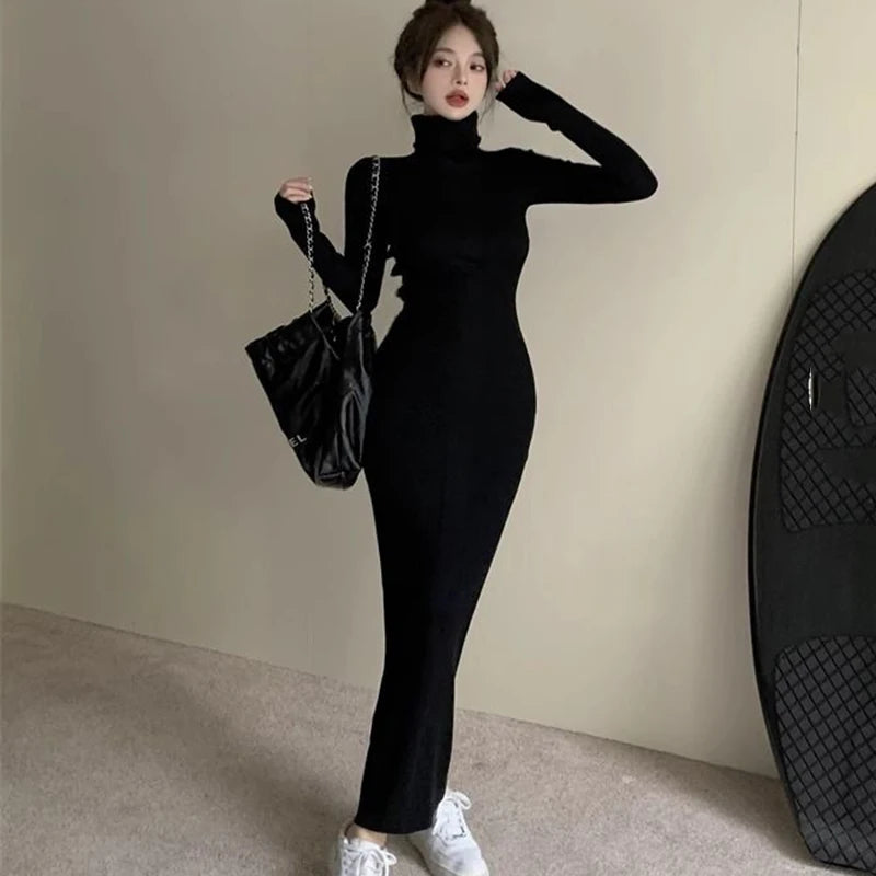 Sexy Black Turtleneck Knitted Bodyconong Dresses