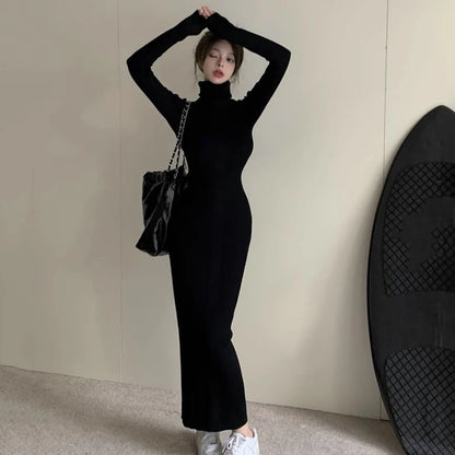 Sexy Black Turtleneck Knitted Bodyconong Dresses