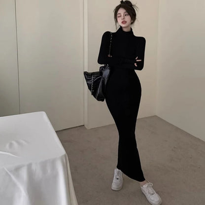 Sexy Black Turtleneck Knitted Bodyconong Dresses