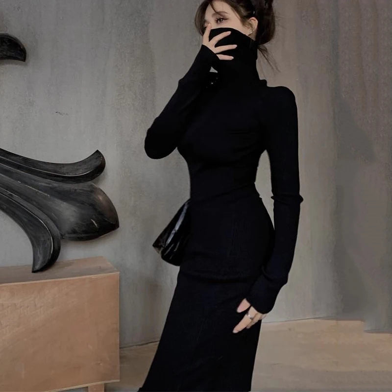 Sexy Black Turtleneck Knitted Bodyconong Dresses