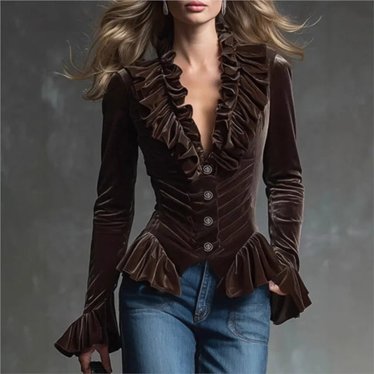Elegant Velvet Ruffle Trim Women'