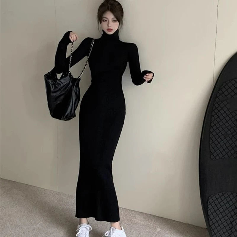 Sexy Black Turtleneck Knitted Bodyconong Dresses